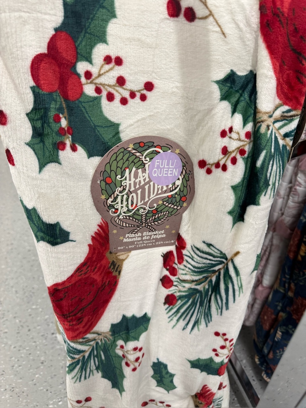 Full/Queen Holiday Plush Throw Blanket – White with Red & Green Holiday Print